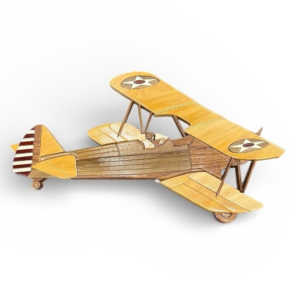 Handmade Intarsia Wood Biplane Wall Art - Hanging 24.5x15x1